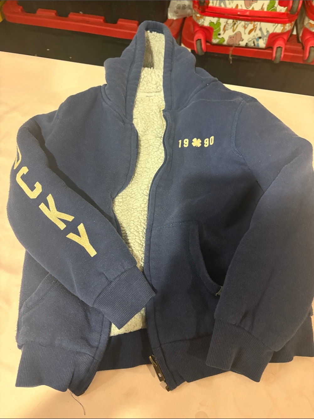 Lucky Brand Navy Blue Sherpa-Lined Zip Hoodie with '1990' Accent